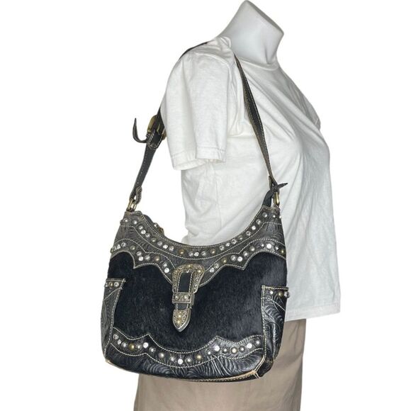 American West Handbags - AMERICAN WEST Black Western Handbag Shoulder Bag Hair on Hide Leather Adjustable